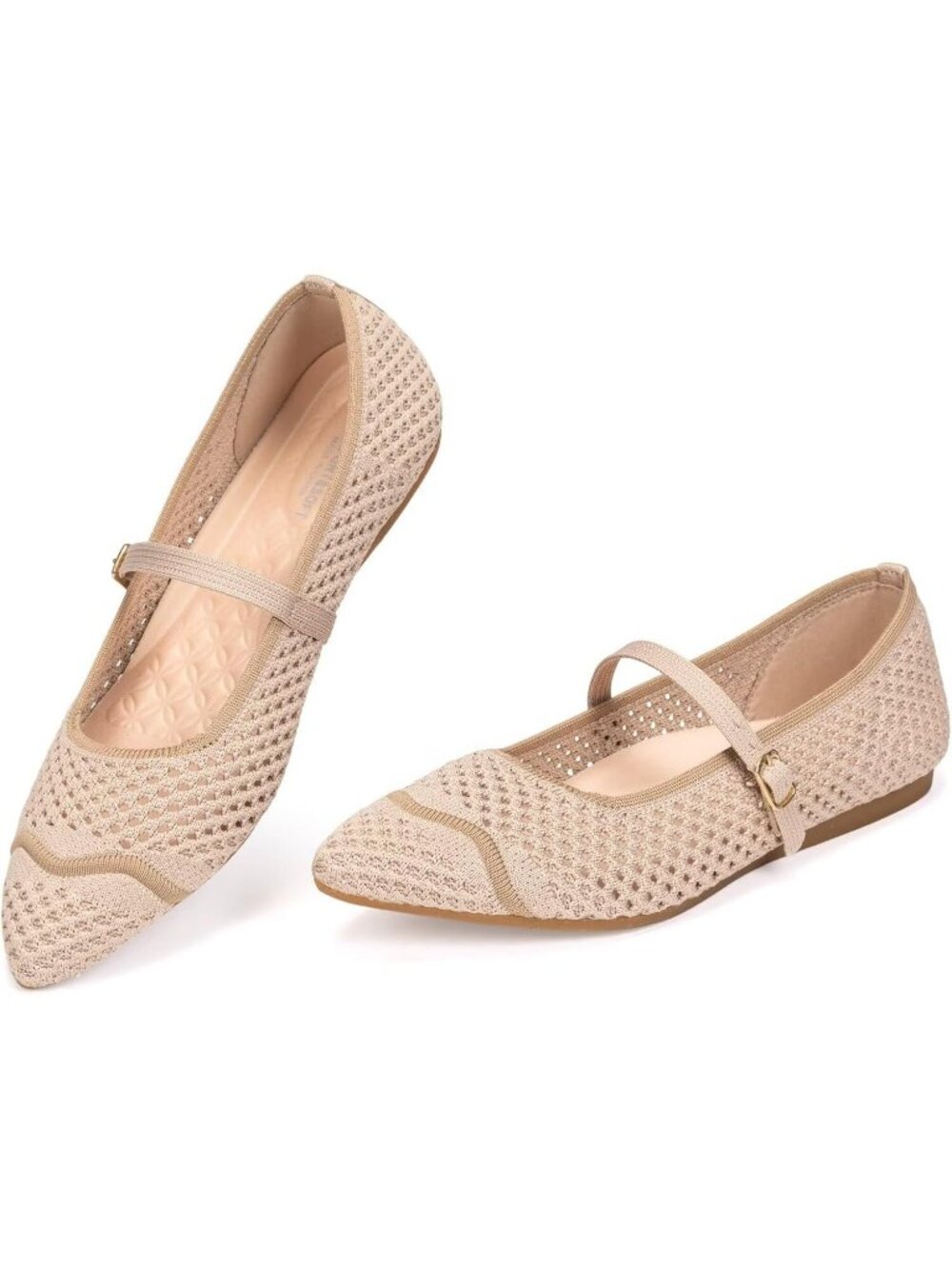 Women's Ecru Mesh Rubber Pointed Toe Buckle Ballet Flats Washable Flexible Shoes